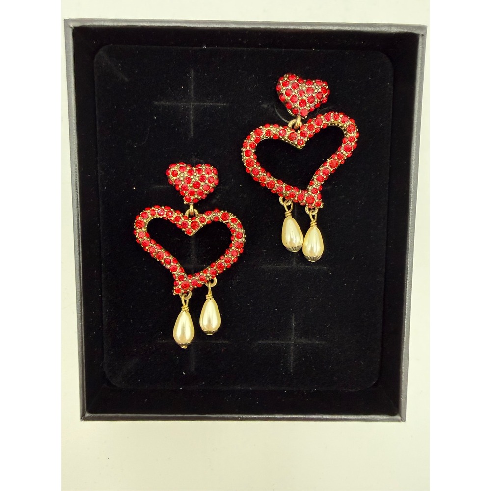 Heidi Daus Red Crystal Heart Drop Earring Faux Pearl Gold Tone Statement Jewelry